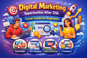 Digital Marketing Opportunities After 12th career guide illustration showing SEO, social media, ads and e-commerce paths
