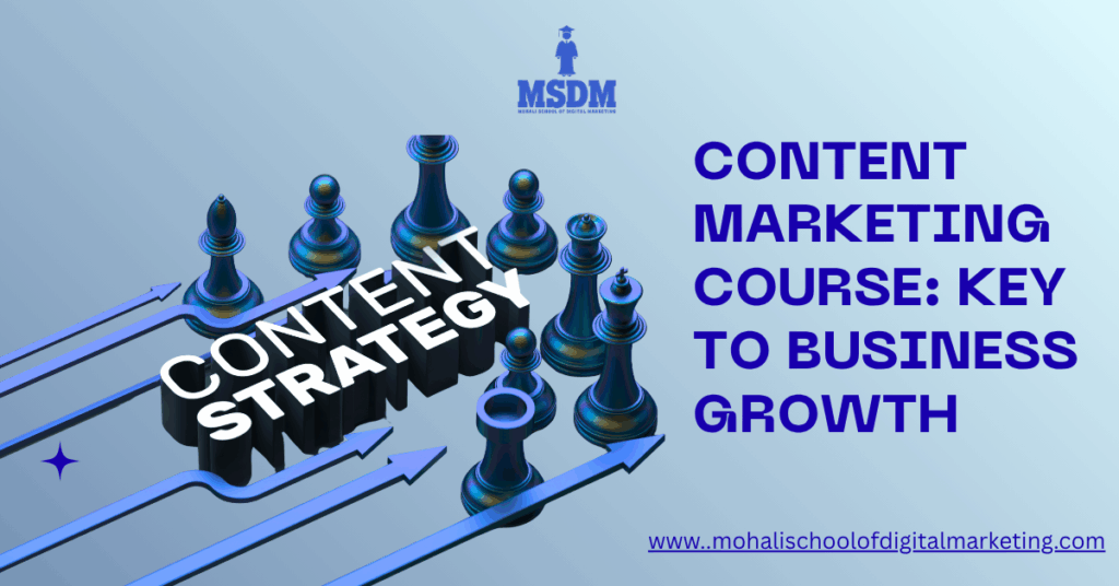 Content marketing course illustration showing business growth with laptop, strategy icons