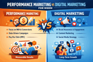 Difference between performance marketing and digital marketing showing goals, strategy, and results comparison