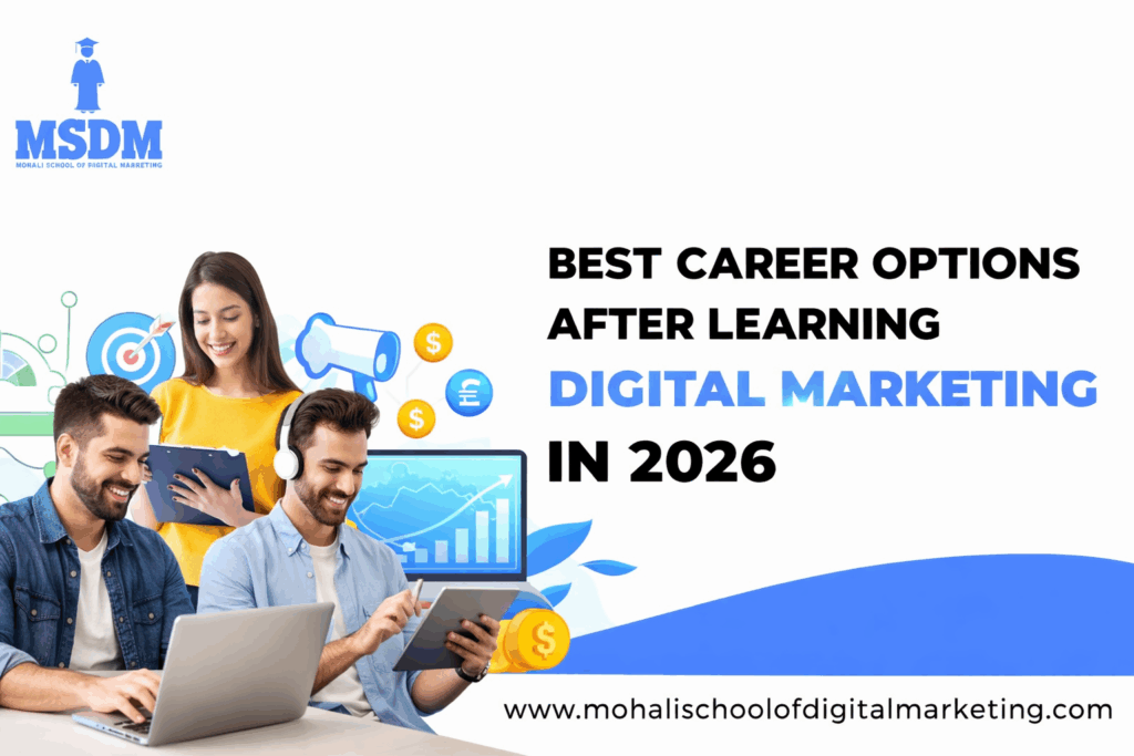 Best career options after learning digital marketing in 2026 with MSDM students working on laptops and digital tools
