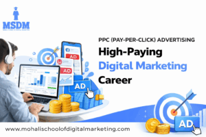 PPC pay per click advertising career showing Google Ads analytics dashboard, social media ads, and digital marketing strategy