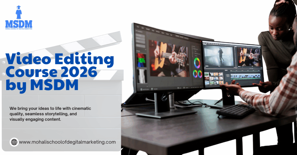Video Editing Course 2026 by MSDM showing editing software, timeline interface, and creative video production process