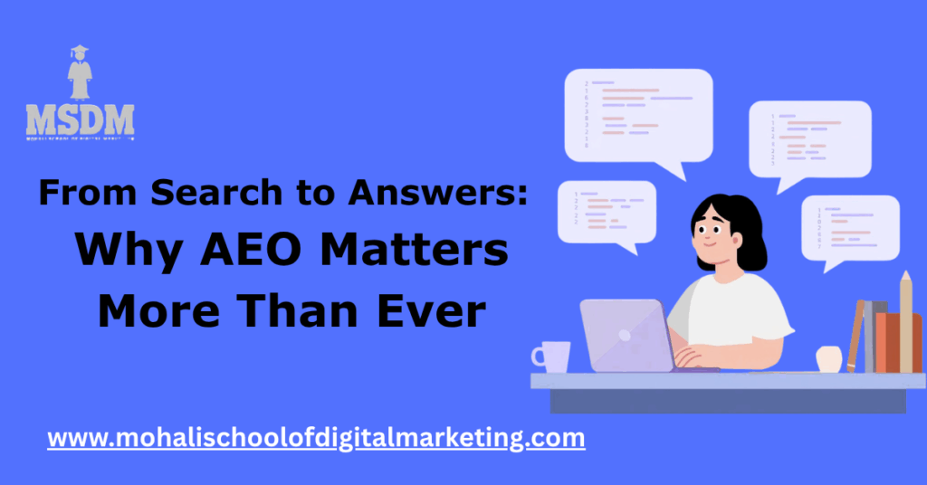 Illustration showing Answer Engine Optimization (AEO) with AI assistant, voice search, and featured snippet highlighting why AEO matters more than ever