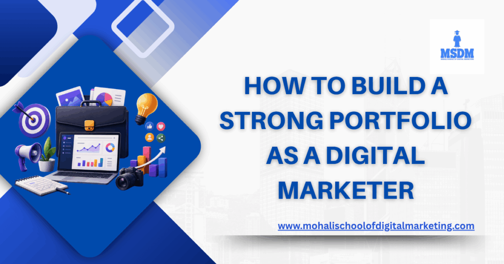 igital marketing portfolio illustration with laptop analytics dashboard, target icon, megaphone, growth charts, and creative tools