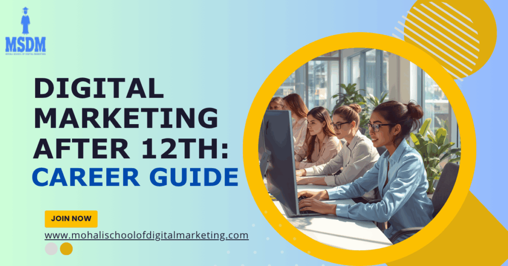 Digital Marketing Opportunities After 12th career guide illustration showing SEO, social media, ads and e-commerce paths