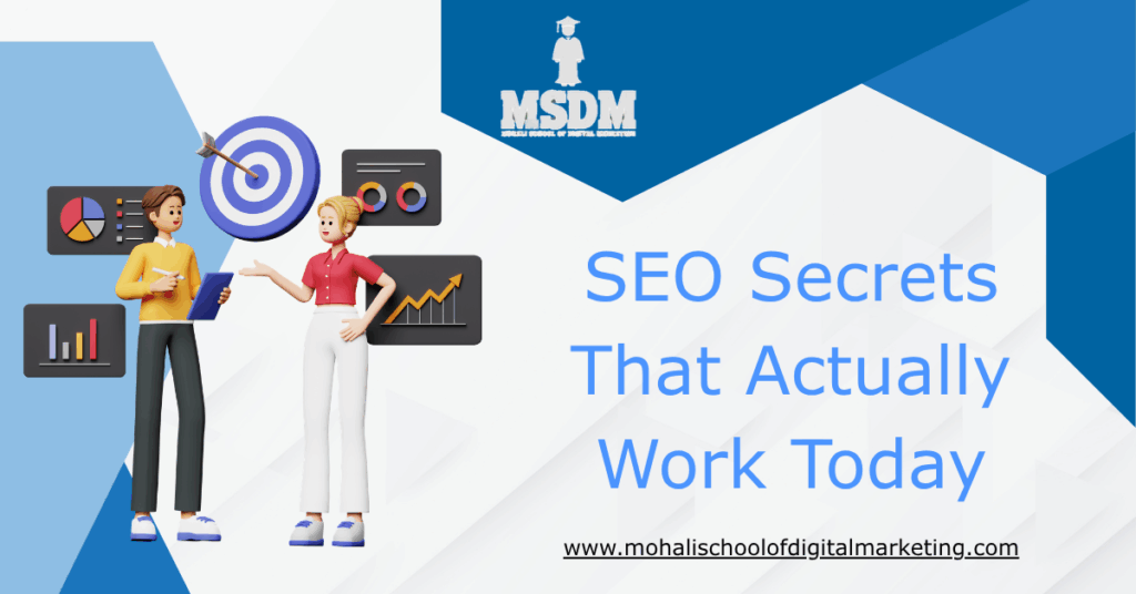 Poster showing SEO secrets that work today with icons for search intent, content, speed, mobile-friendly design, and MSDM logo
