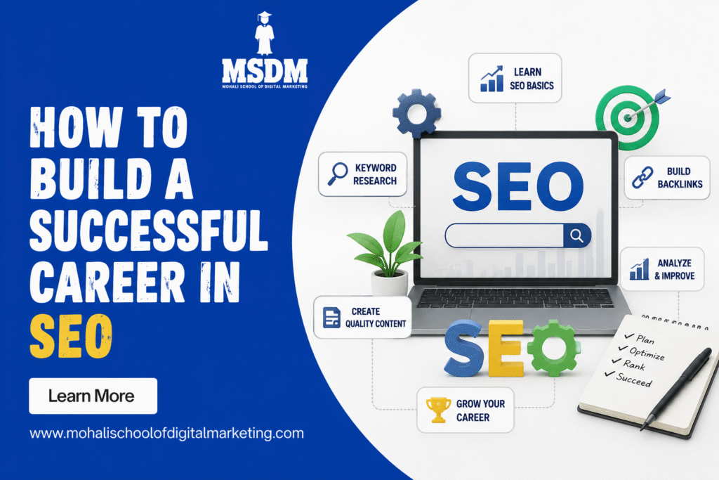 MSDM promotional banner about building a successful career in SEO featuring a laptop with SEO elements like keyword research, backlinks, content creation, analytics, and ranking strategies on a blue and white background.