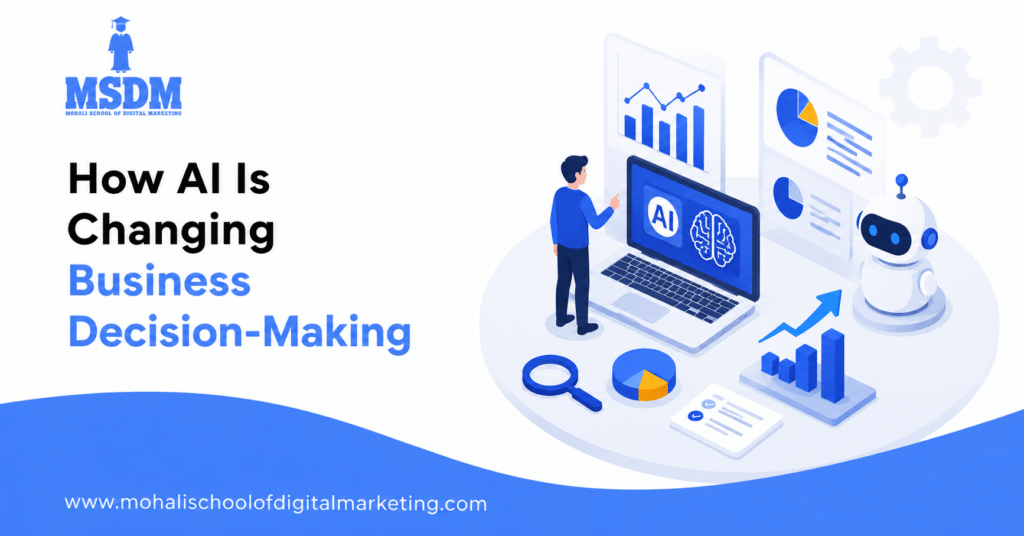 Illustration showing how AI is changing business decision-making with data analytics, automation, performance dashboards, and intelligent business insights.
