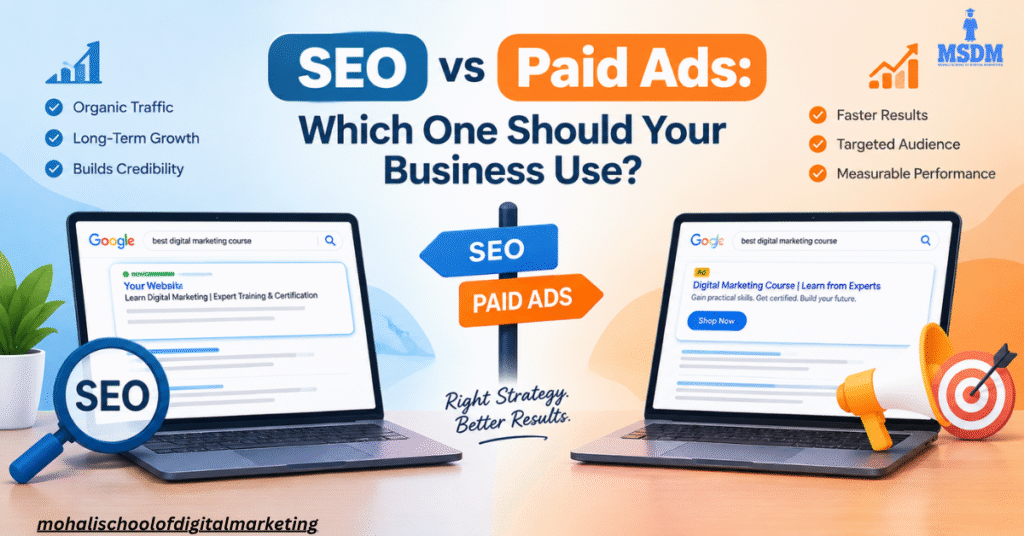 SEO vs Paid Ads comparison showing SEO's long-term growth versus Paid Ads' faster visibility.