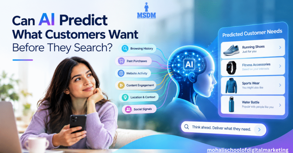 AI predicting customer needs through browsing behavior, purchase history, website activity, and personalized product recommendations.