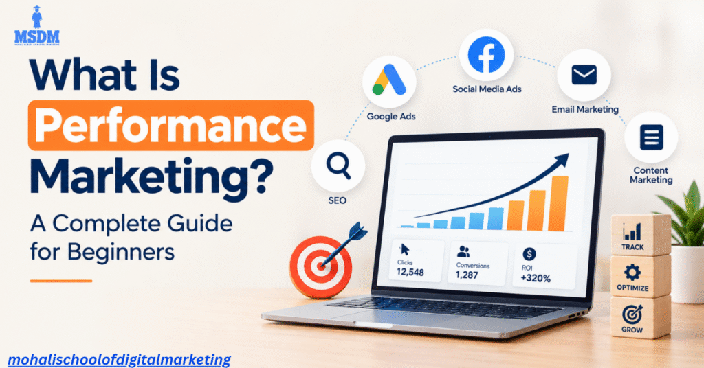 What is Performance Marketing? A complete beginner’s guide showing digital advertising, analytics, conversion tracking, ROI, and campaign optimization.