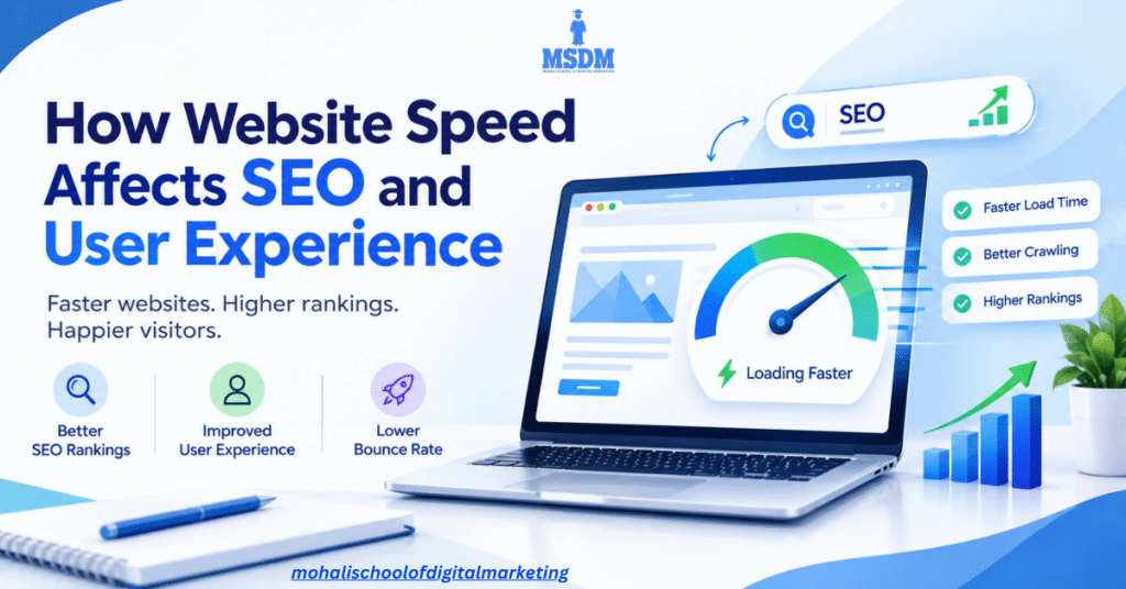 Website speed affecting SEO and user experience, showing a fast-loading laptop website, SEO growth, faster load time, better crawling, and higher rankings.