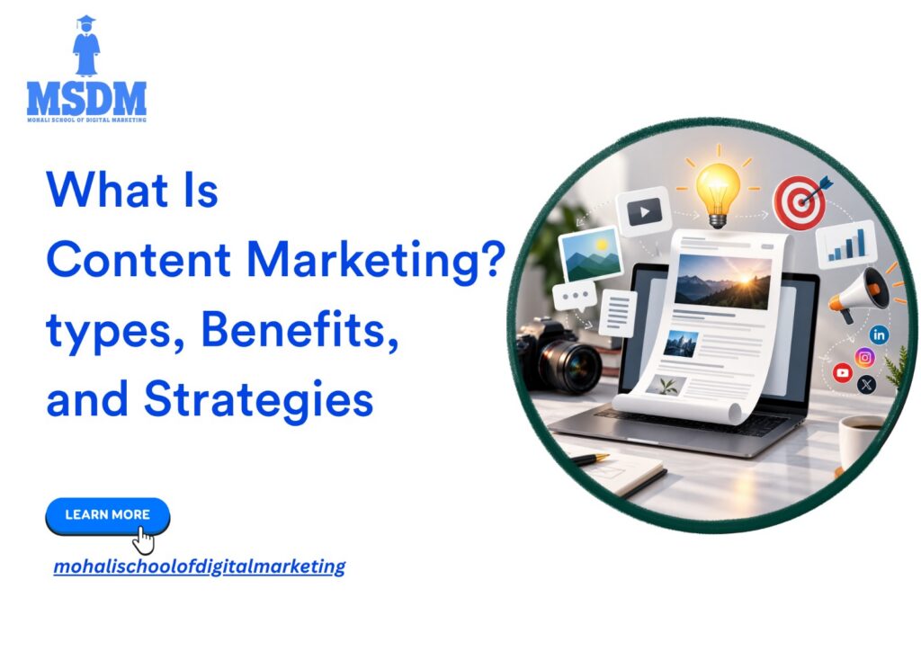 Content marketing guide by MSDM covering types, benefits, and strategies with a digital marketing workspace illustration.